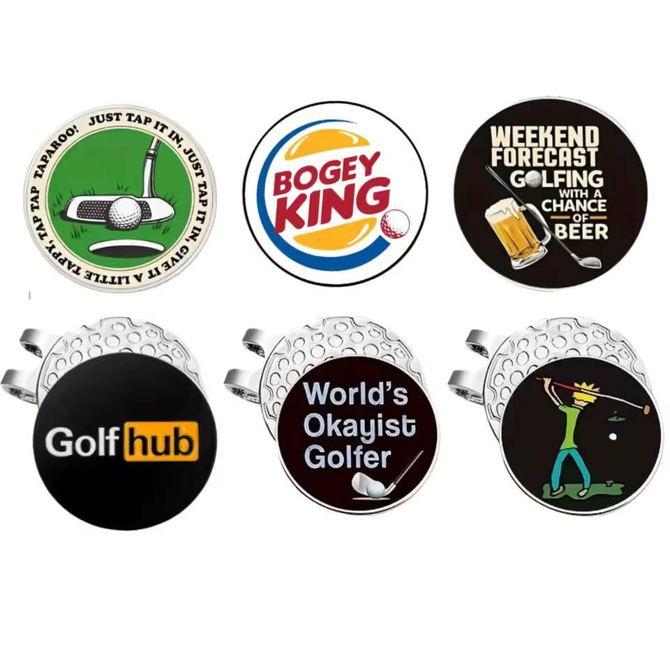 Funny Magnetic Ball Markers, 6-Piece Enamel Set with Hat Clip