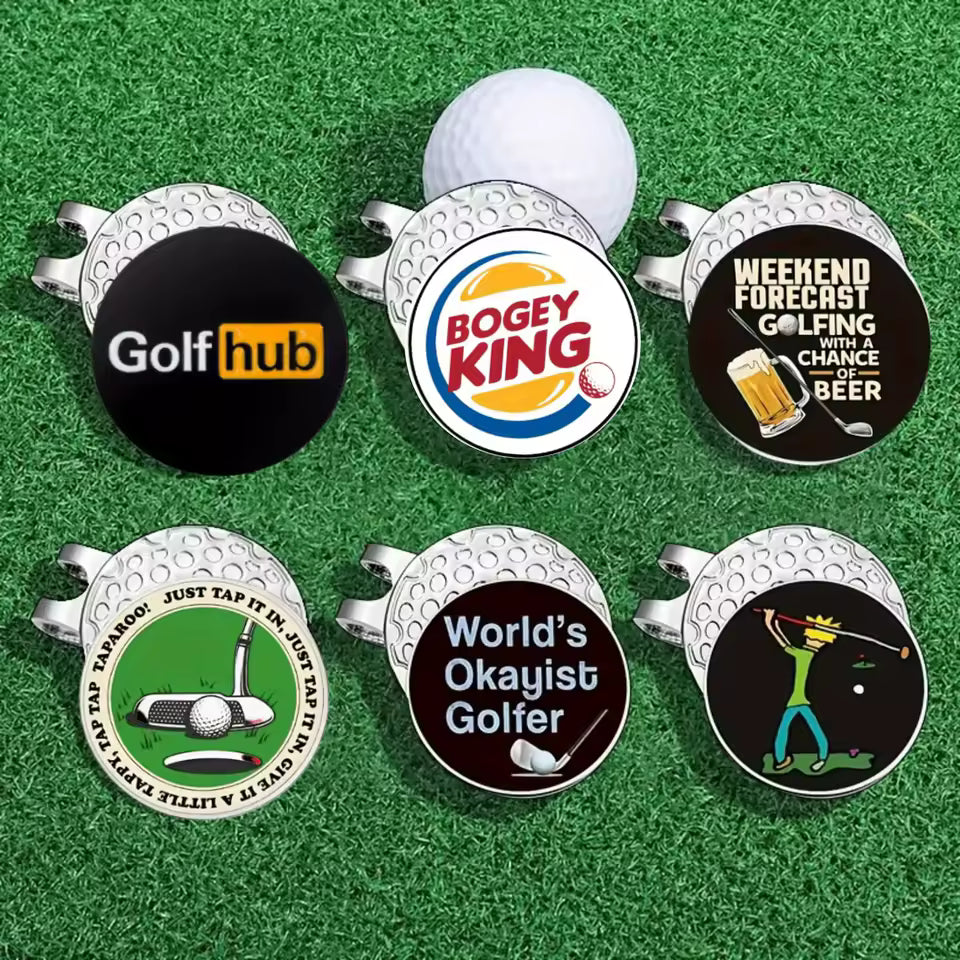Funny Magnetic Ball Markers, 6-Piece Enamel Set with Hat Clip