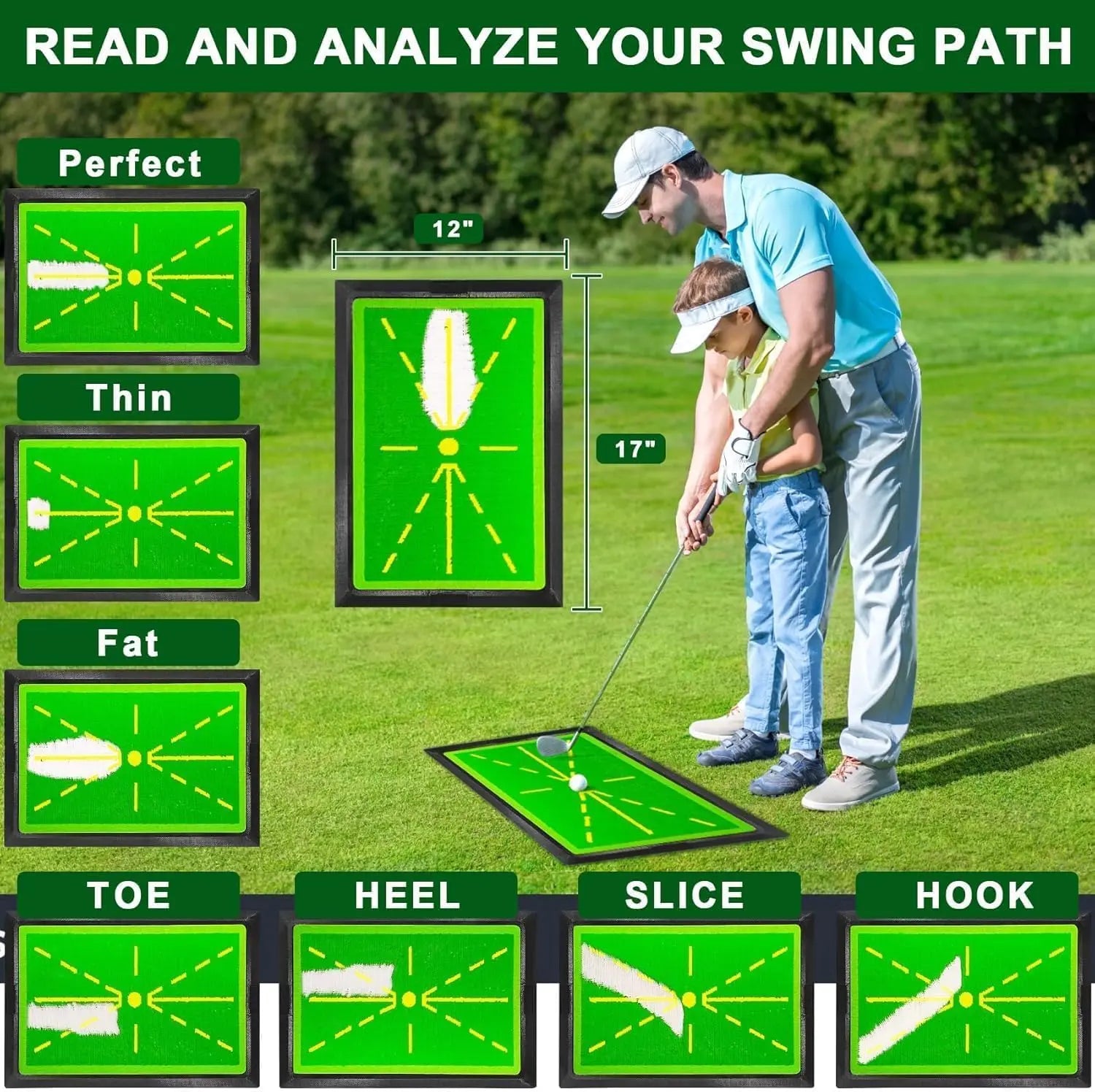 Compact Golf Training Mat with Instant Swing Feedback, 12"X17" Durable Synthetic Turf Training Aid for Adults, Indoor & Outdoor Practice Gear with Feedback Tool